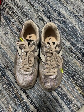 Vionic Metallic Silver and White Lace-Up Sneakers with Neon Accents